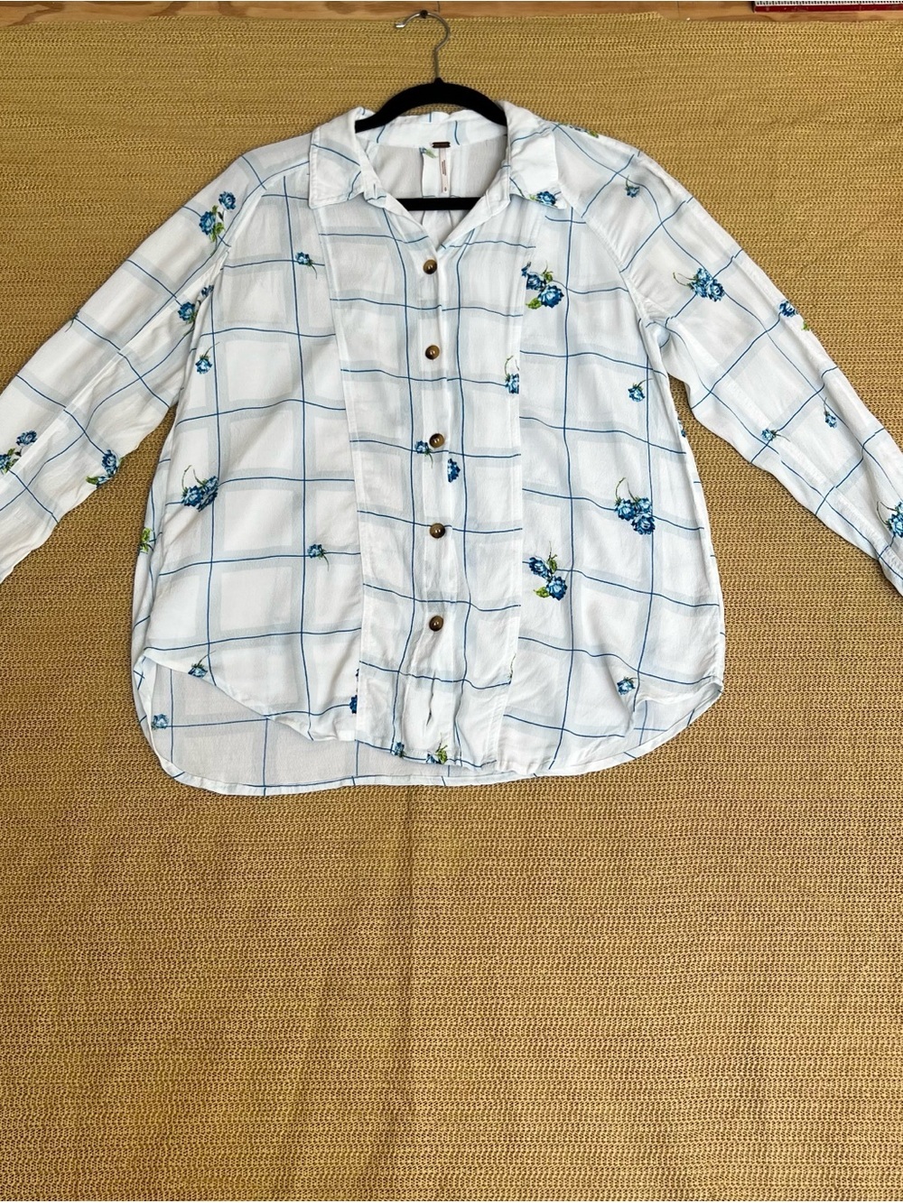 Lightweight White Button-Up with Blue Floral Grid